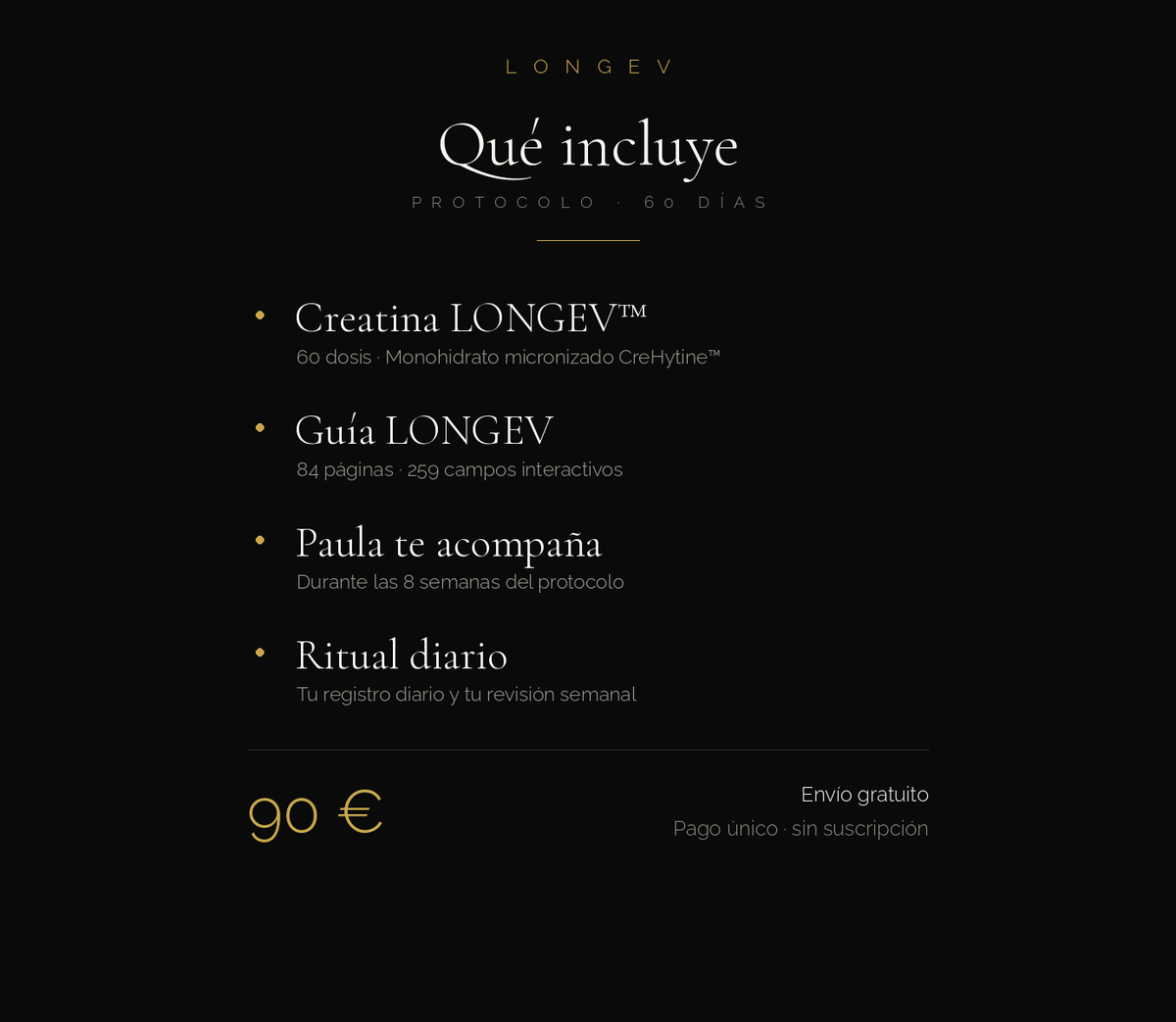 Qué incluye el Protocolo LONGEV de 60 días: creatina, Guía, acompañamiento de Paula y ritual diario. 90 euros, envío gratuito, pago único